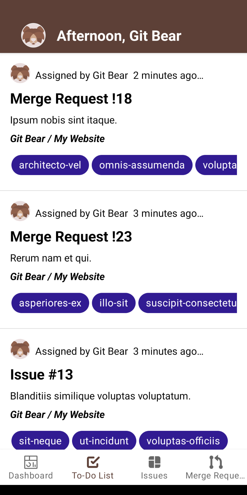 GitBear To-do list screen
